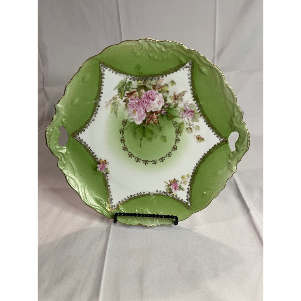Antique MZ‎ Austria Porcelain Serving Plate Green Pink Roses Gold Filigree 10.5"
